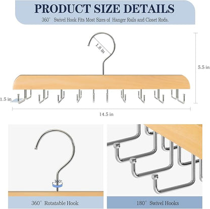 2 Pack Tie Rack Belt Hanger for Closet Fitnice Upgraded Non Slip Tie Hanger Space Saving with 20 Foldable Hooks Wooden Belt Tie Organizer for Tank Tops Bras Cami Scarves
