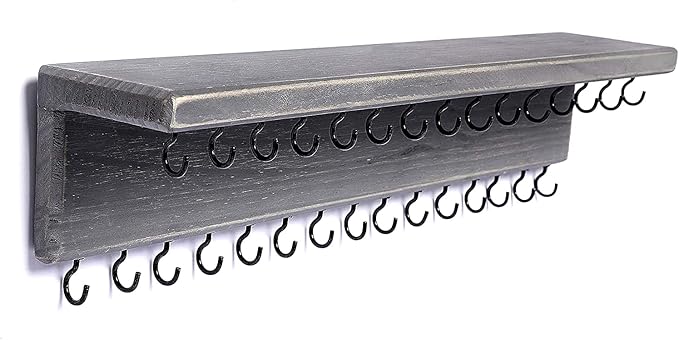 SANY DAYO HOME Jewelry Organizer with 30 Hooks and Cosmetics Shelf, 15 x 3 x 4 inches Wall Mounted Rustic Pine Wood Holder for Necklaces and Bracelets, Suitable for Kids and Adults (Gray)