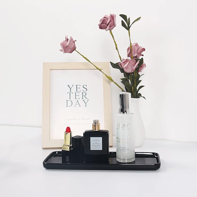 Black Ceramic Vanity Tray, Small Rectangle Tray, Counter Tray for Kitchen Sink, Marble Bathroom Tray, Organizer for Candle, Soap, Jewelry, Perfume, Towel Holder for Decoration Bedroom(Large)
