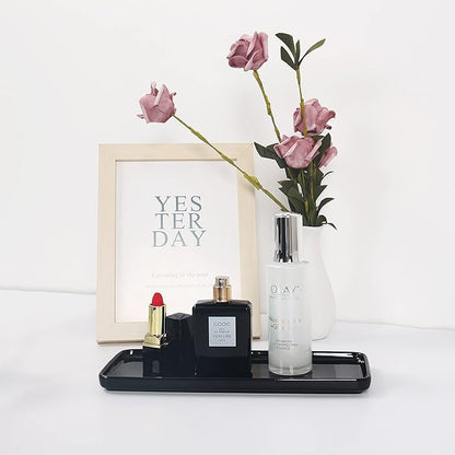 Black Ceramic Vanity Tray, Small Rectangle Tray, Counter Tray for Kitchen Sink, Marble Bathroom Tray, Organizer for Candle, Soap, Jewelry, Perfume, Towel Holder for Decoration Bedroom(Large)