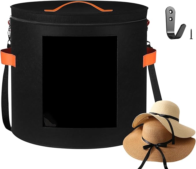 kushon Oversized Hat Storage Box for Women & Men，19" D x 17" H Cowboy Hat Boxes with 1 Wood Hook Felt travel Round Hat Organizer Box with Dustproof Lid (Black)
