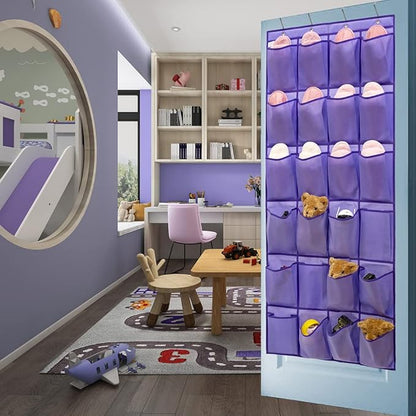 Over The Door Hanging Shoe Organizer Shoe Rack Hanger 24 Large Fabric Pockets Holder with 4 Sturdy Hooks (PURPLE)