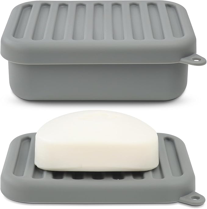 AIMAIAIMAI Leak-Proof Silicone Travel Soap Case with Drainage Lid/Layer, Compact Bar Soap Container, Durable Soap Holder for Camping, Gym, and Travel Size Toiletries (Gray)