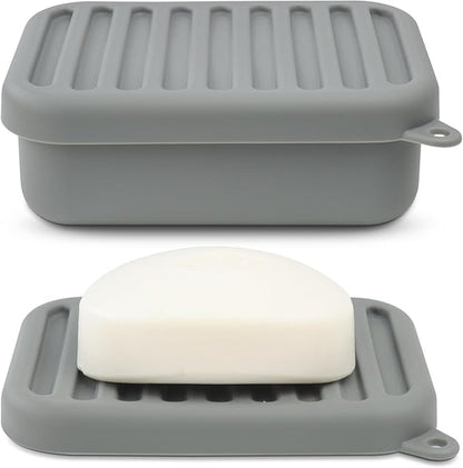 AIMAIAIMAI Leak-Proof Silicone Travel Soap Case with Drainage Lid/Layer, Compact Bar Soap Container, Durable Soap Holder for Camping, Gym, and Travel Size Toiletries (Gray)