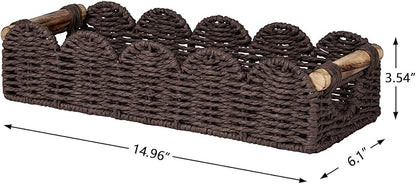 CubesLand Bathroom Basket Organizer w/Cut Out Handle, Back of Toilet Paper Storage Baskets Tray for Bathroom Countertop Decorative, Scalloped Wicker Basket Also for Home Decor, Living Room, Brown