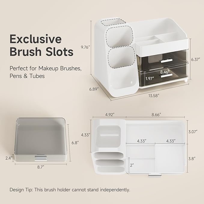 Delamu Makeup Organizer Countertop, Spacious Cosmetic Display Case with Makeup Brush Holder, Perfect Vanity Bathroom Organizer and Storage, Ideal Christmas Gifts for Women Girls, White