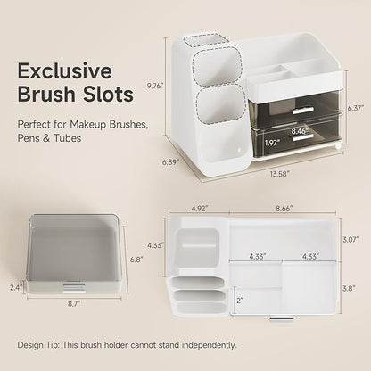 Delamu Makeup Organizer Countertop, Spacious Cosmetic Display Case with Makeup Brush Holder, Perfect Vanity Bathroom Organizer and Storage, Ideal Christmas Gifts for Women Girls, White