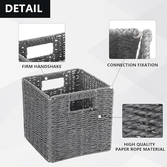 6 Pack 8.7 Inch Wicker Baskets, Hand Woven Paper Rope Storage Baskets, Foldable Cube Storage Bins Organizer Square Wicker Cubes for Shelves Pantry Organizing & Decor (Gray)