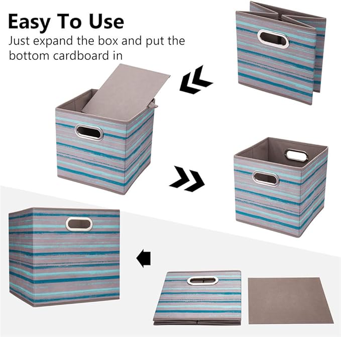 13 inch Collapsible Storage Cubes Bins Teal Stripes Fabric Storage Boxes Foldable Cube Inserts Storage Grey Printed Folding Cloth Storage Baskets Drawer Organizer ,QY-SC05-6
