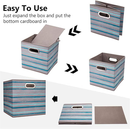 13 inch Collapsible Storage Cubes Bins Teal Stripes Fabric Storage Boxes Foldable Cube Inserts Storage Grey Printed Folding Cloth Storage Baskets Drawer Organizer ,QY-SC05-6