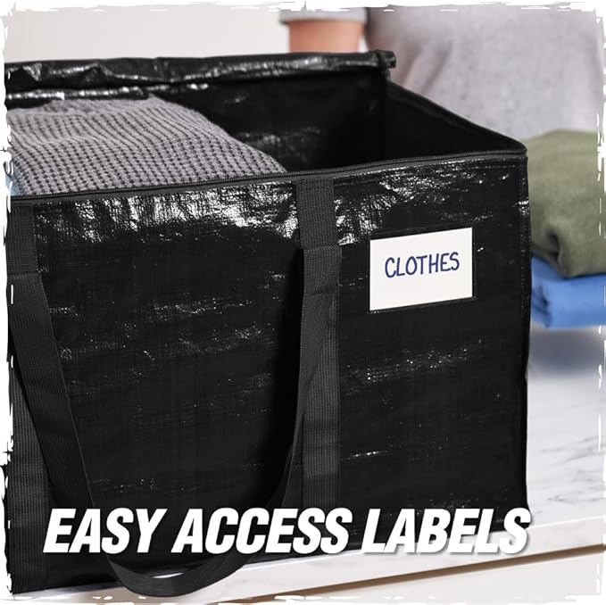 RUGGED RHINO Heavy Duty Extra Large Moving Bags, Durable Bag with Strong Handles and Zipper, Moving Boxes Alternative for College Packing, Holiday Décor, Space Saving Storage with Label, 2 Pack Black