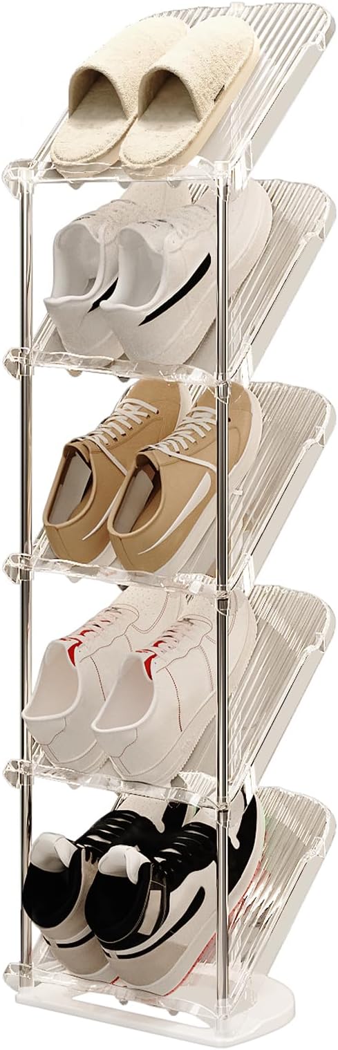 YYW Narrow Shoe Rack Vertical Shoes Rack for Entryway Corner Shoe Storage Organizer for Small Spaces Transparently Tall Slim Shoe Shelf for Front Door Entrance Living Room White 5 Layers