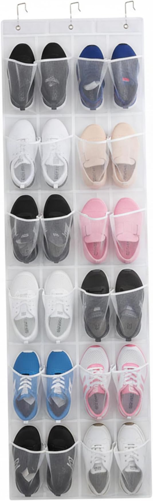 Over Door Shoe Organizer 24 Mesh Pockets Hanging Storage for Shoes Accessories Closet Space Saver 64x19 Inch White