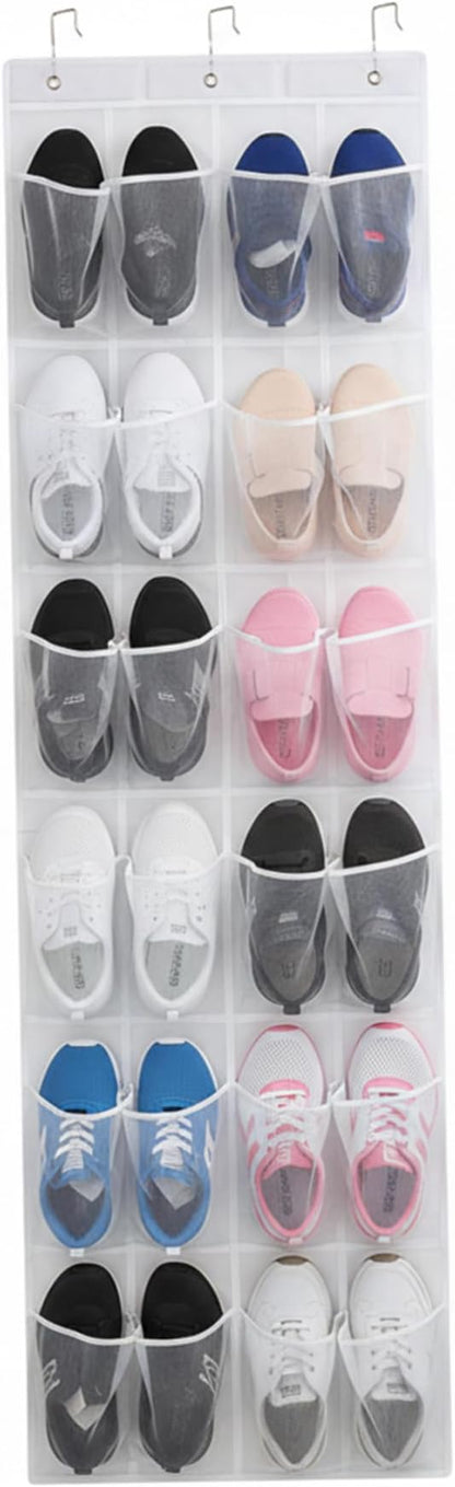 Over Door Shoe Organizer 24 Mesh Pockets Hanging Storage for Shoes Accessories Closet Space Saver 64x19 Inch White