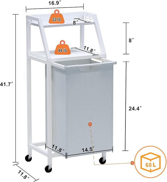 Timberer Laundry Hamper, Laundry Sorter, Rolling Laundry Basket with Wheels, 2 Shelves, 18 Gal(68L), Pull-Out and Removable Oxford Fabric Bags, White and Grey