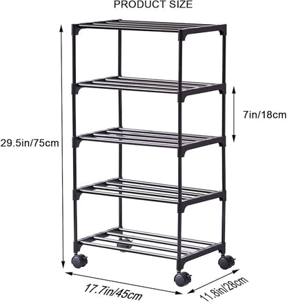 5-Tier Small Shoe Rack with Wheels, Slide-Out Metal Shoe Racks Storage, Anti-Rust Coating, Stackable Design - 16.9W for Entryway, Kitchen, Living Room & Office - Black