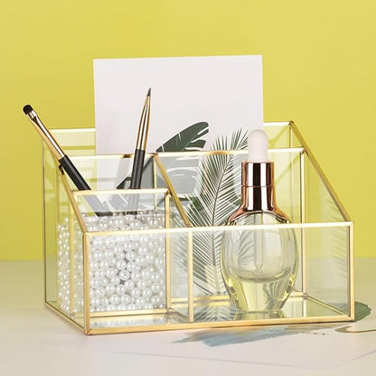 Alipis Glass Makeup Organizer with Gold Trim Large Capacity Cosmetic Display Case for Vanity Lipstick and Brush Holder Transparent Storage Box 7.67X5.70X5.11 Inches