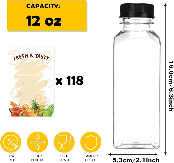 BAKHUK 118pcs 12oz Empty Plastic Juice Bottles with Caps, Plastic Containers Bottles with Lids, Reusable Clear Bulk Beverage Containers for Juice, Milk, and Other Beverages