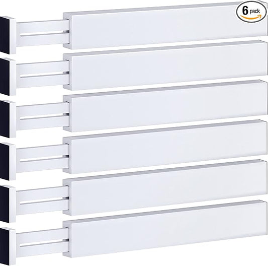 6-Pack Drawer Dividers - 2.6 Inches High, Adjustable 16 to 22 Inches Bamboo Drawer Organizer, Large Expandable Separator for Clothes, Dresser, Bedroom, Bathroom, Baby, Office, Kitchen Utensils, White