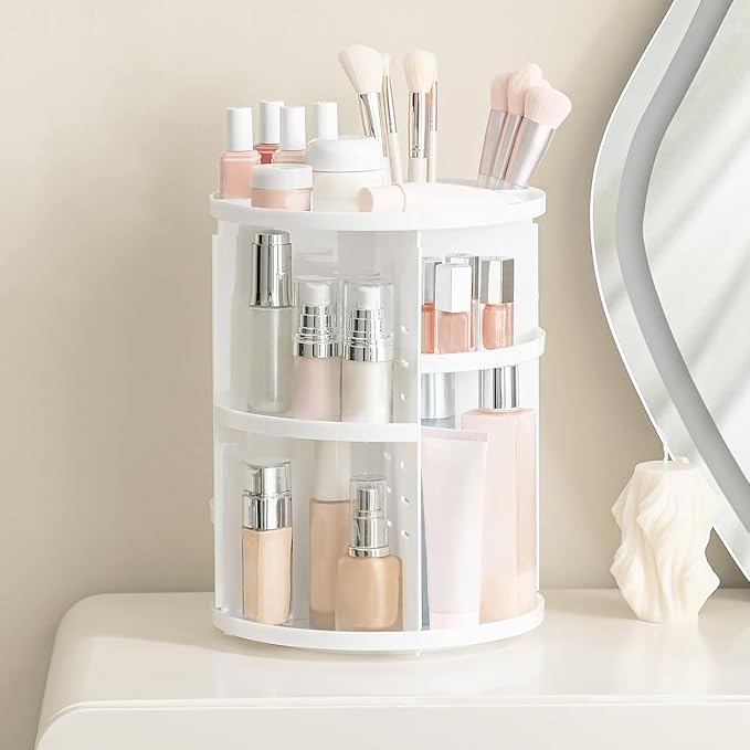 HBlife 360 Rotating Makeup Organizer Adjustable Carousel Large Capacity Revolving Perfume Organizer Skincare Organizers Cosmetic Storage Spinning Holder for Vanity, White