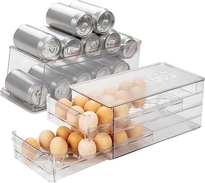Glad Egg Holder & Soda Can Organizer - Fridge Storage Container Set with Soda Can Dispenser & Organizer for 36 Eggs with Lid and Pull-Out Drawers - BPA Free Clear Plastic