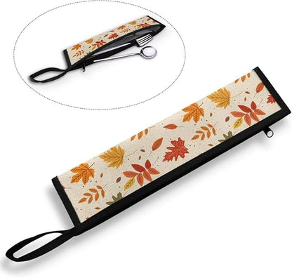 Fall Leaves Print Reusable Travel Tableware Carrying Bag Storage Case Cutlery Flatware Organziers for Straw Spoon Fork Chopsticks Portable Utensil Holder
