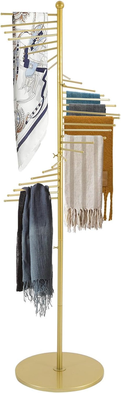 DYRABREST 67" Freestanding Scarf Organizer, Metal Spiral Scarf Holder with 30 Rods, Commercial Hijab Organizer Belt Pants Hanger for Clothing Store Home, Space Saving Shelves (Gold)