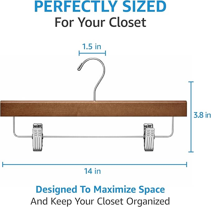 ZOBER Wooden Pants Hangers with Clips - 10 Pack Premium Wood Skirt Hangers for Women, Heavy Duty Wooden Hanger with Adjustable Metal Grip Clips for Jeans and Shorts, Smooth Finish, Vintage Wood