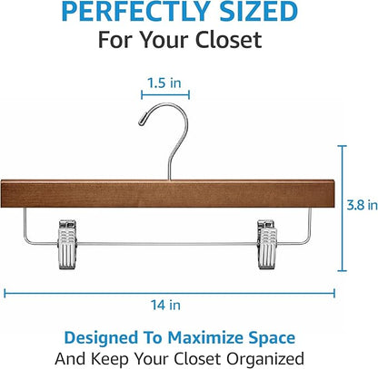 ZOBER Wooden Pants Hangers with Clips - 10 Pack Premium Wood Skirt Hangers for Women, Heavy Duty Wooden Hanger with Adjustable Metal Grip Clips for Jeans and Shorts, Smooth Finish, Vintage Wood