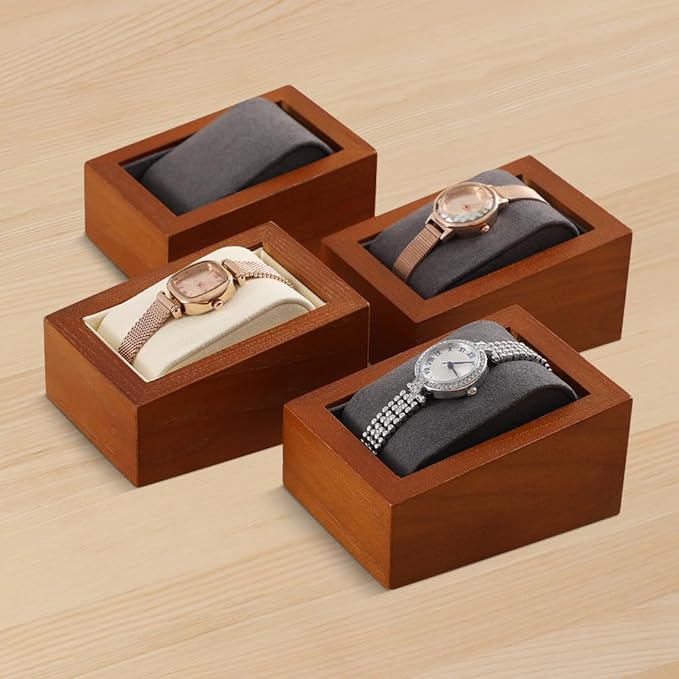 Wooden Watch Display Stand With Pillow, Wristwatch Organizers, Men Women Watch Storage Holder (Willow Wood, Beige Velvet)