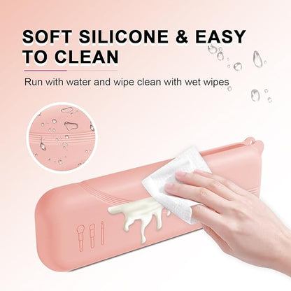 Silicone Makeup Brush holder travel case,Large makeup brush bag with Half-open Snap Design, Anti-fall Out Vanity Organizer for Toothbrushes,Lipstick,Eyebrow pencil,BB Cream,Liquid Foundation (Pink)