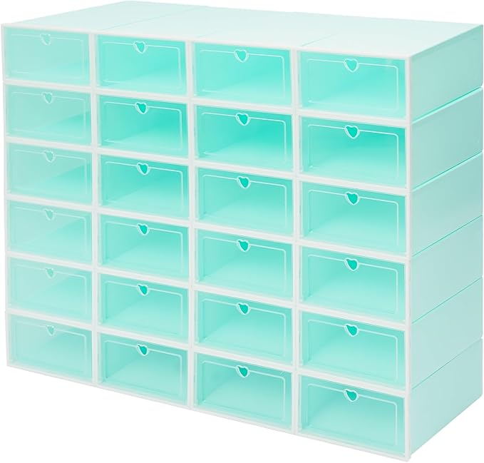 24Pcs Shoe Storage Box, Shoe Box Side Open, Clear Shoe Boxes Stackable, Plastic Stackable Shoe Storage Organizer, for Shoes, Including Sneakers, High Heels, Canvas Shoes, Boots, Etc (Green)