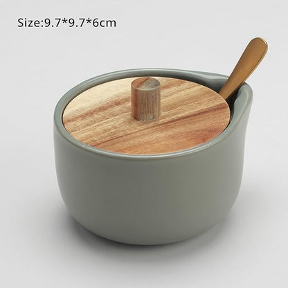 everous Salt Box base grey color Salt Cellar Elegant Design salt Boxes Big Capacity Wood lid grey Ceramic Base with spoon salt pot