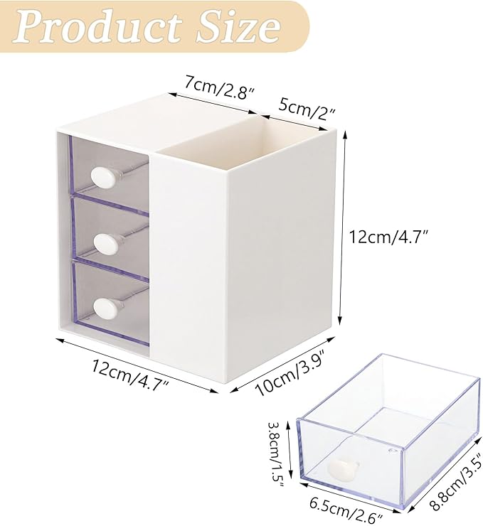 Hair Accessories Organizer with Hair Brush Holder Cosmetic Storage Case with Drawer for Makeup Sponge Plastic Desktop Organizer, White