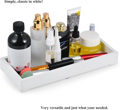Bathroom Rectangle Tray, Toilet Top Organizer, Farmhouse Wooden Vanity with Soap Tray, Toilet Tank Tray for Bathroom, Ideal Also as Jewelry, Perfume & Napkin Trays (White, 4.8" W11.5 Lx1.2 H)