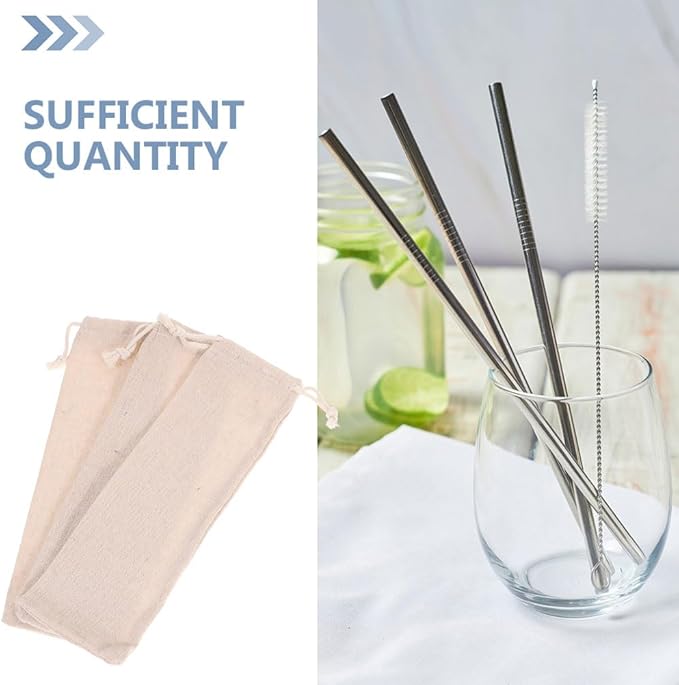 BESTonZON Straw Carrying Case Cotton Linen Pouch with Drawstring Closure Portable Organizer for Reusable Straws Forks Spoons Storage Travel Bag