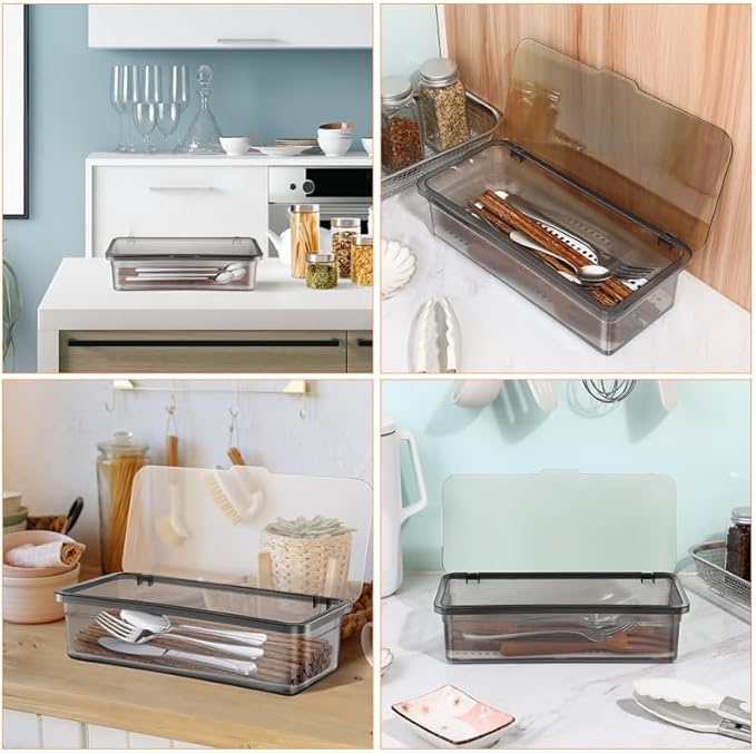 Tofficu Tableware Storage Box with Drain Plate 10.55X4.72X2.75In Covered Utensil Organizer for Kitchen Drawer Countertop Silverware Holder for Chopsticks and Cutlery