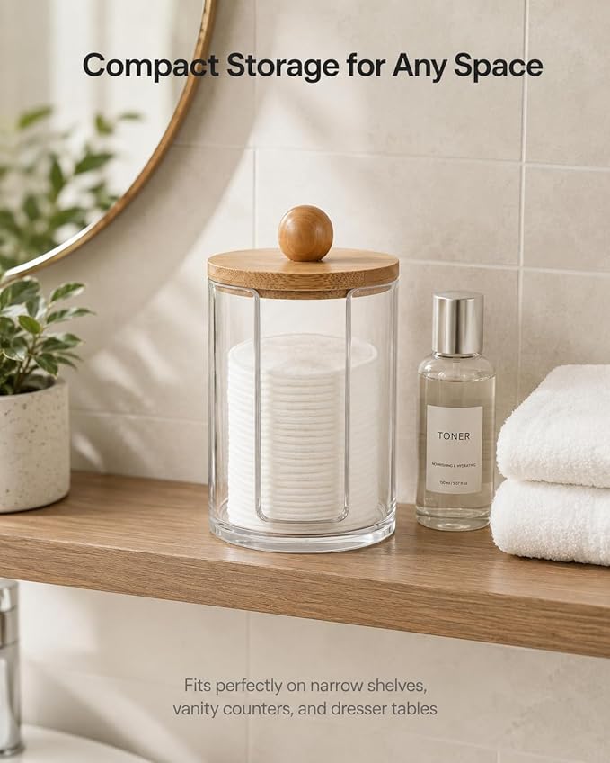 Cotton Round Holder with Bamboo Lid - 10oz Clear Plastic Cotton Pad Dispenser with U-Shaped Side Slot, Shatterproof Apothecary Jar for Makeup Remover Pads, Bathroom Vanity Countertop Storage