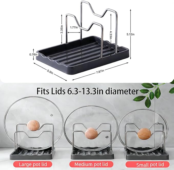 Pot lid Holder And Spoon Rest, 2 Layers Lid And Spoon Rest Pot Lid Organizer With Drip Tray, Multifunction Kitchen Gadget Rack For Cooking (Black)
