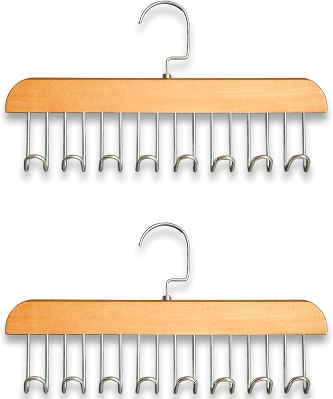 Belt Hanger 2Pcs Belt Hanger with 16 Hooks Bra Hangers for Closet,Space-Saving Wooden Closet Hanger Organizer for Ties, Scarves, Bras,Tank, Tops (Wood)