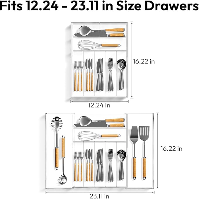 NIUBEE Expandable Kitchen Drawer Organizer for Flatware and Utensils,Clear Acrylic Adjustable Silverware Tray for Drawer,Office,Bathroom Supplies-9 Compartments