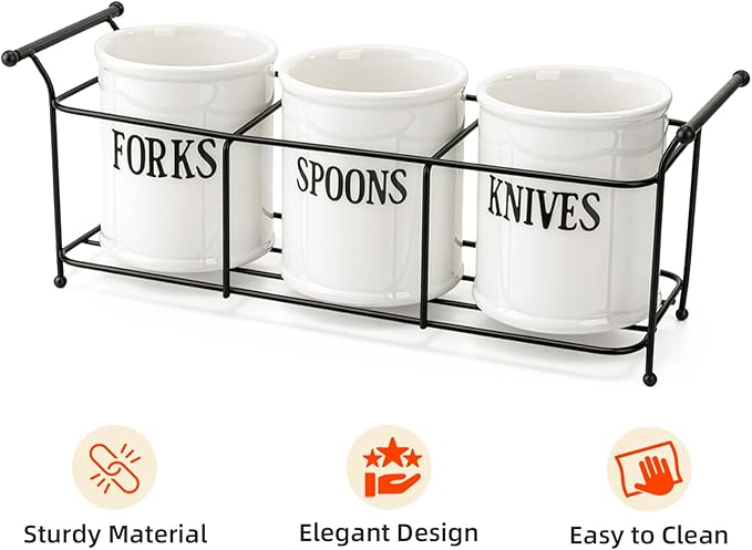 Bekith 3-Piece White Ceramic Silverware Caddy with Black Metal Rack, Utensil Holder Flatware Caddy Cutlery Storage Organizer for Kitchen Table, Cabinet or Pantry