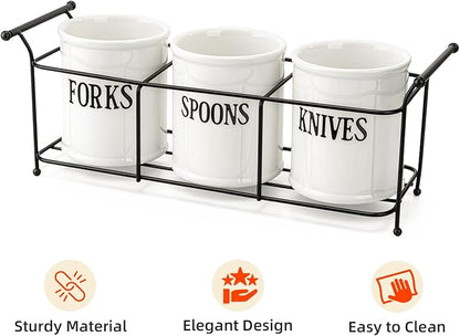 Bekith 3-Piece White Ceramic Silverware Caddy with Black Metal Rack, Utensil Holder Flatware Caddy Cutlery Storage Organizer for Kitchen Table, Cabinet or Pantry