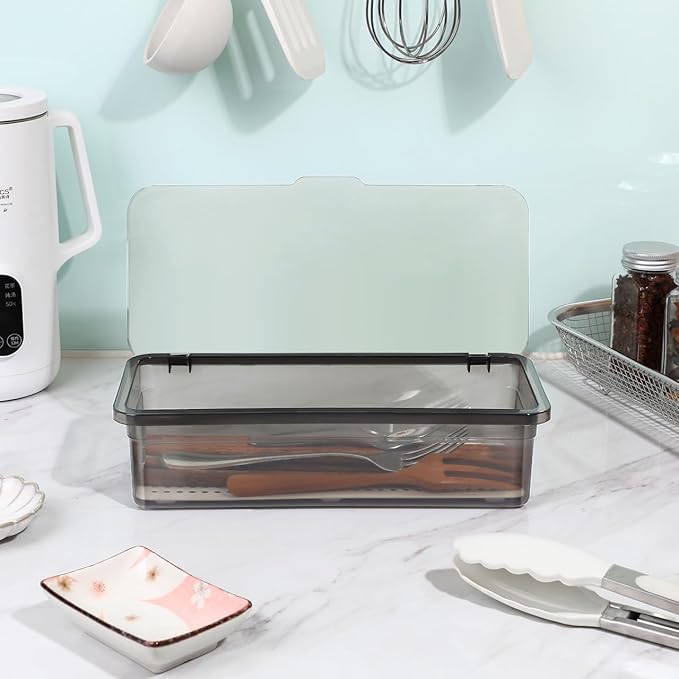 DOITOOL 3 Pcs Covered Silverware Organizer with Lid Plastic Dustproof Utensil Organizer Silverware Tray Utensil Tray for Kitchen Countertop