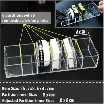 Acrylic Makeup Organizer Cosmetic Storage Makeup Display Case Lipstick Holder Dispenser Adjustable Canister Bathroom Container (10 x 3.4 x 1.9 inches, 6 Partitions, Transparent)
