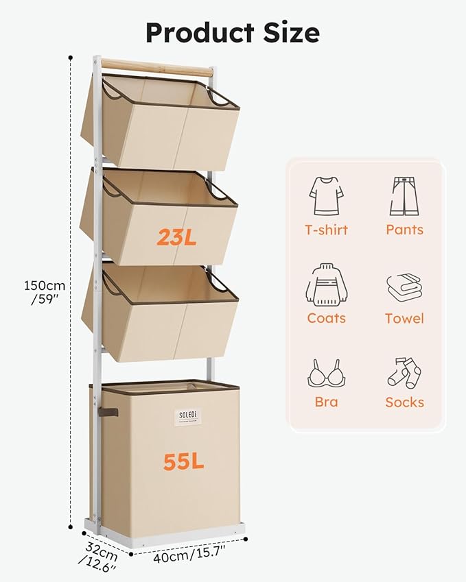 SOLEDI 4 Section Laundry Hamper Sorter, Stackable Laundry Basket Organizer with Removable Basket, 125L 4-Tier Vertical Laundry Sorter for Small Space, Laundry Room, Dorm, Bathroom, Wardrobe Beige