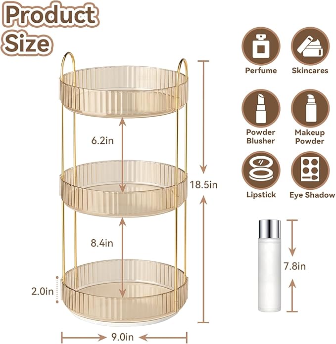 360° Rotating Makeup Organizer for Vanity, 3 Tier Perfume Organizers Skincare Organizers and Storage for Bathroom Countertop, Spinning Cosmetic Organizer for Bedroom Dresser Counter (Gold)