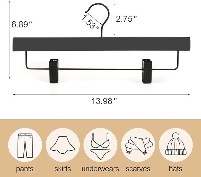 TOPIA HANGER Wooden Pants Hangers 20 Pack, Black Skirt Hanger with Clips and Rotatable Hook, Durable Rubber Wood Hangers for Skirts, Pants, Jeans, Shorts - CTS05B