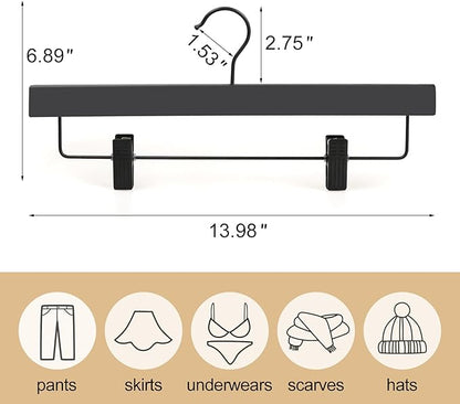 TOPIA HANGER Wooden Pants Hangers 20 Pack, Black Skirt Hanger with Clips and Rotatable Hook, Durable Rubber Wood Hangers for Skirts, Pants, Jeans, Shorts - CTS05B