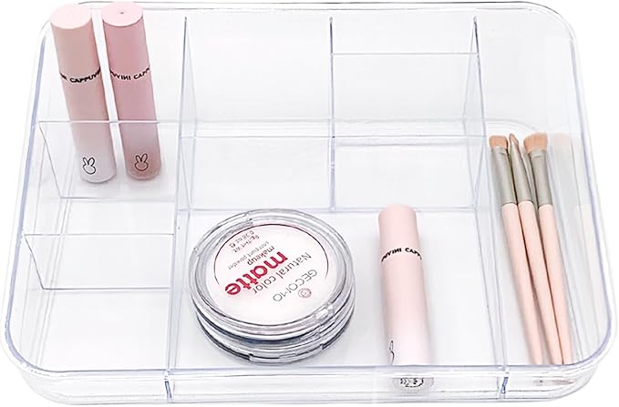 SUNFICON Makeup Tray Organizer Cosmetic Display Case Office Stationery Storage Holder Countertop Storage Unit Makeup Box for Bathroom Drawers,Vanities Office Desk,Washable Crystal Clear Acrylic